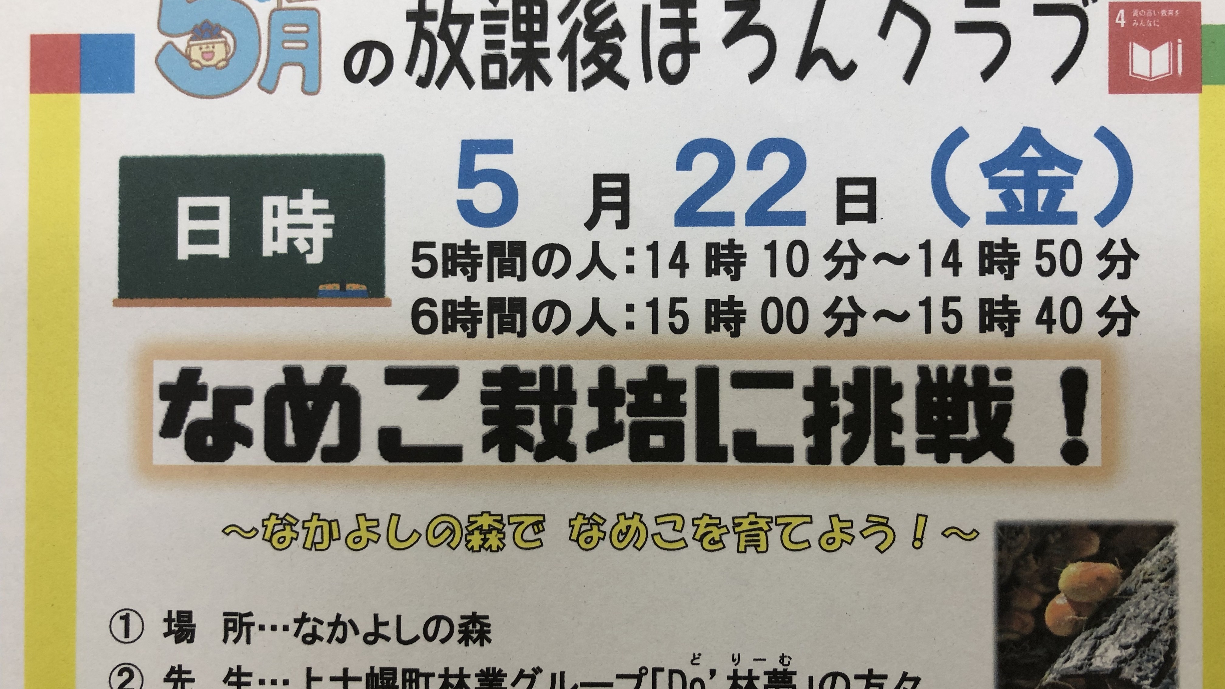 放課後ほろんクラブ５月「なめこ栽培に挑戦！」