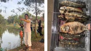 美味しい赤いティラピアが工場敷地内の池で釣れました！